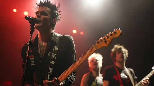 Rock vocalist performing live with guitar on stage.