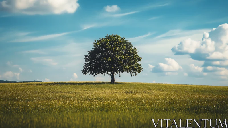 Solitary oak tree in sunlit field, serene landscape photography.
