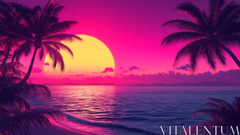 Neon tropical seascape with silhouetted palms at vaporwave sunset