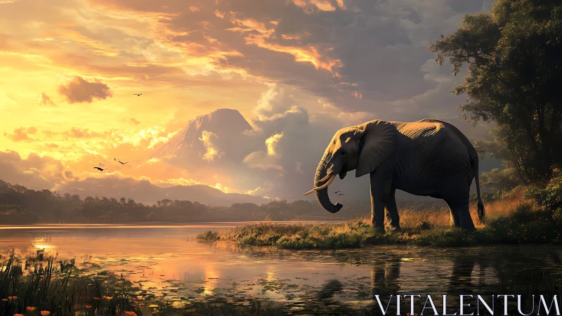 Elephant surveys golden riverside under storm-lit sunset sky.