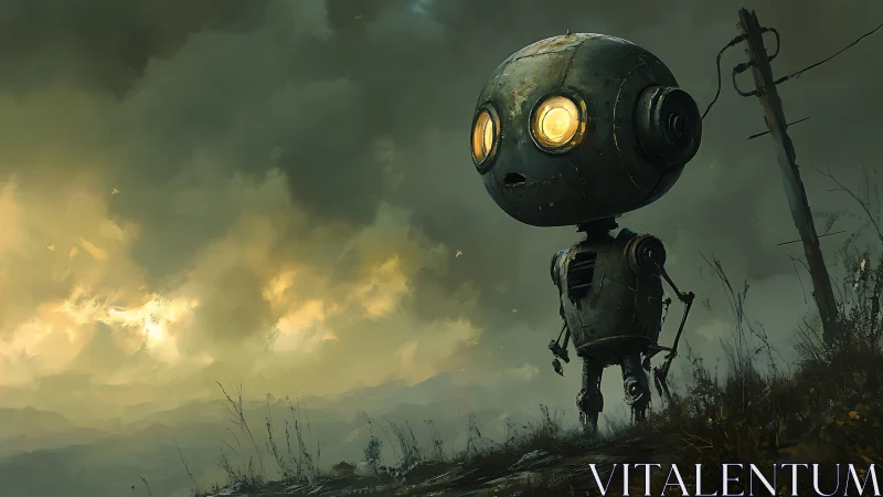 Lonely dusk-wanderer robot under storm-torn electric skies.