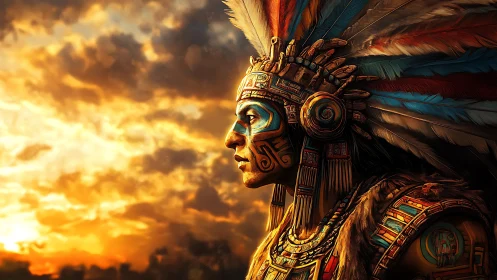 Sunlit warrior profile with ornate feathered headdress.