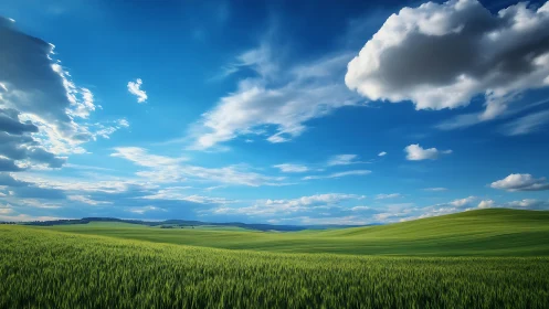 Vast green hills under deep blue sky with rolling clouds.