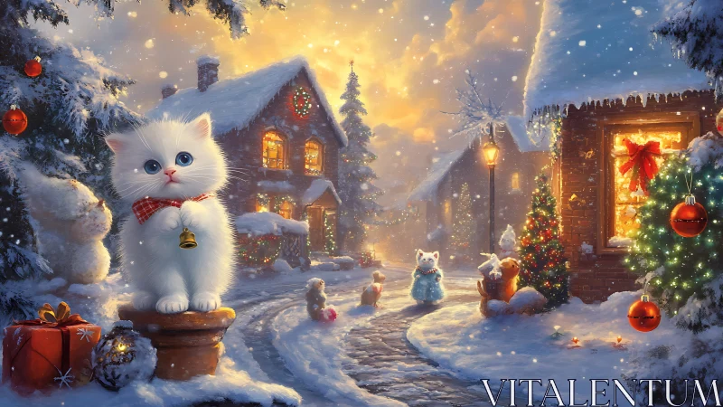 Snowlit kitten vignette in high-detail festive streetscape.