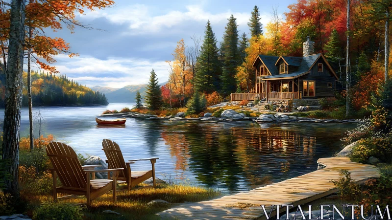 Lakeside cabin glows amid autumn forest reflections at dusk.