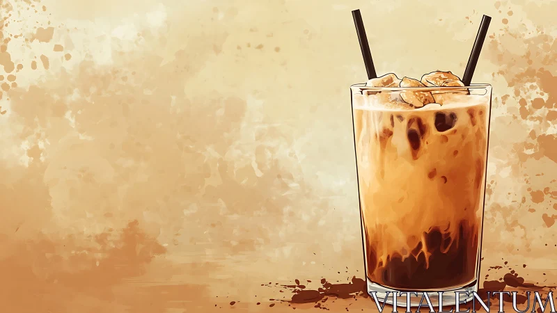 Iced Coffee Drink with Black Straws on Beige Background
