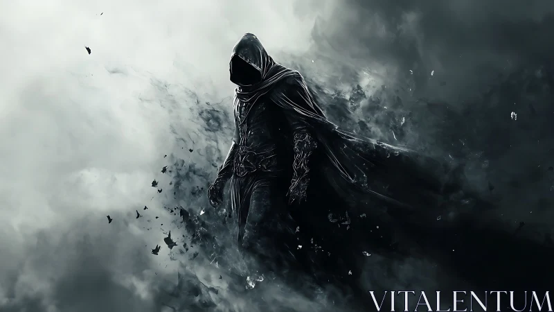 Shadowborn wanderer strides through unraveling stormveil.