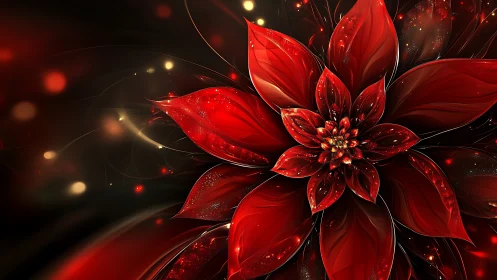 Radial fractal poinsettia bloom with luminous particle filaments.