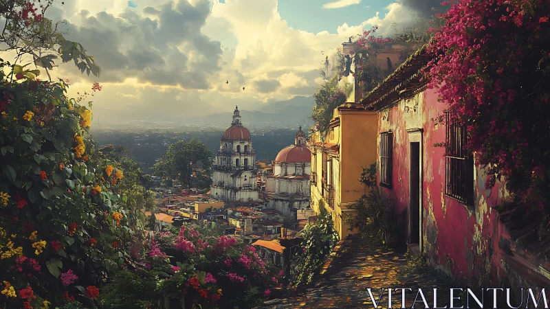 Digital painting of floral hillside path above historic basilica.