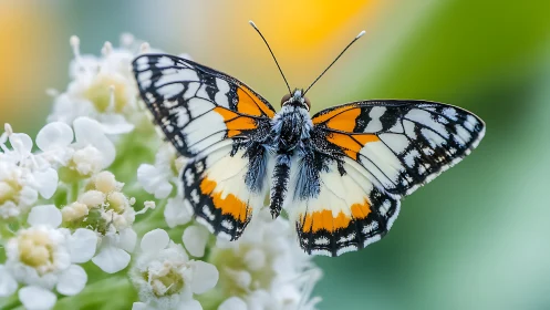 Macro study of patterned butterfly wings on white inflorescence