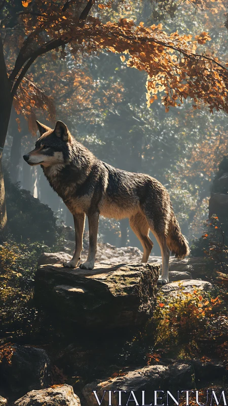 Lone wolf standing on sunlit rock in autumn forest.