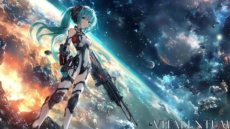 Cyborg girl stands armed over glowing planetary horizon