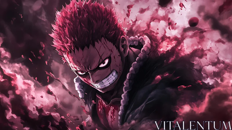 Anime fighter with red aura emerging from swirling smoke