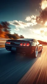 Sunset sprint with a midnight coupe on fire-streaked asphalt.