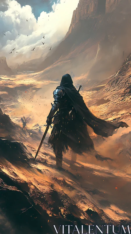 Lone armored wanderer strides through burning canyon storm.