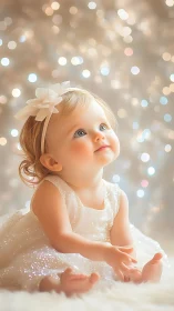 Child in Sparkle Dress with Bow Against Bokeh Background.
