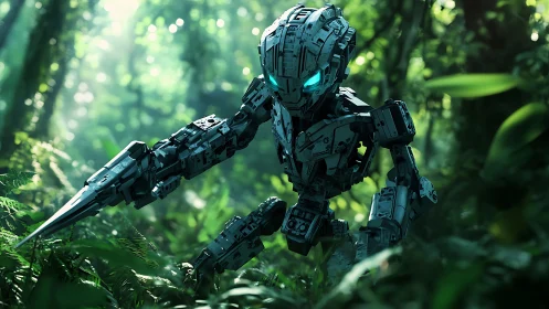Humanoid robot with blade limb in dense green rainforest.