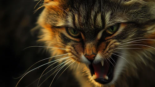Feline Fury Unleashed: Tabby's Ferocious Moment in Amber Light.