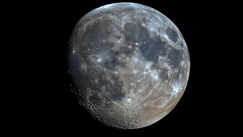 Detailed lunar surface portrait under deep black sky.