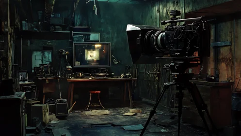 Large film camera in dim workshop interior environment.