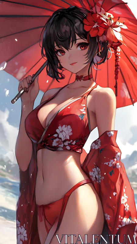 Red parasol beach scene with floral bikini character.