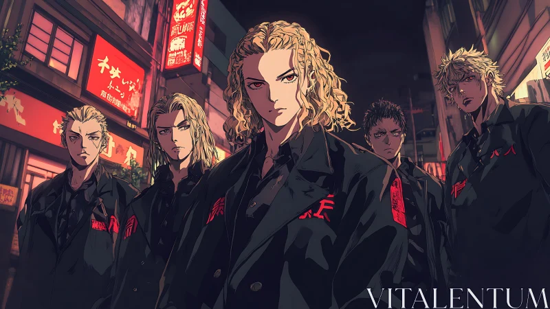 Urban gang formation in neon-illuminated alleyway perspective.