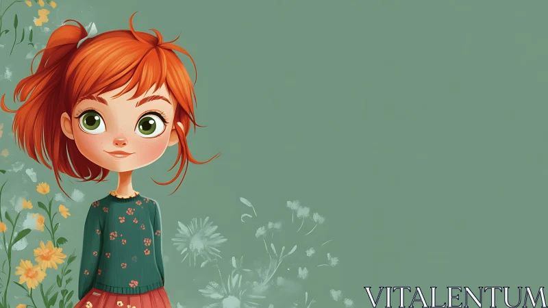 Illustrated child character with orange hair against botanical background.