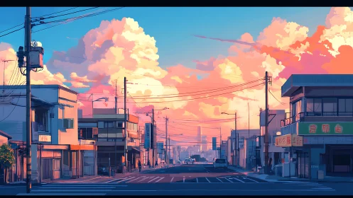 Digital painting of urban street under cinematic sunset sky.