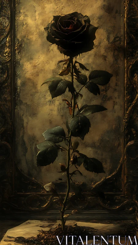 Single dark rose stem against textured ornamental wall.