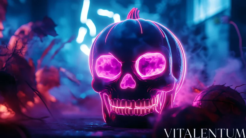 Neon skull pumpkin under eerie cyberpunk Halloween glow.
