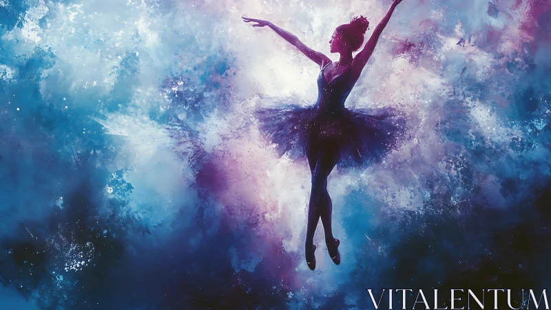 Silhouetted ballet dancer extends arms in abstract nebula field