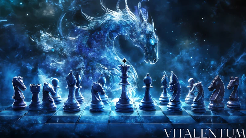 Luminescent spectral dragon looming over crystalline chess line