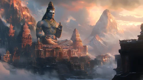 Colossal seated deity amid mountainous temple complex.