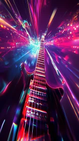 Neon electric guitar in hyperspeed light burst perspective.