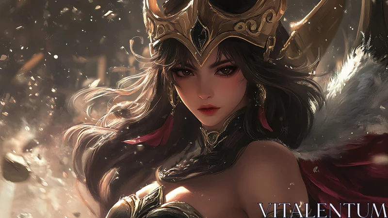 Regal warrior queen amid swirling embers and golden light.