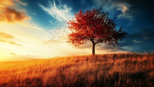 Solitary autumn tree crowned by birds at glowing sunset.