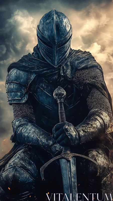 Armored knight seated with greatsword under stormy sky.