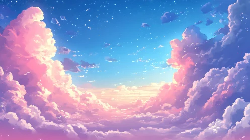 Dreamy pastel clouds drift beneath a tranquil starlit sky