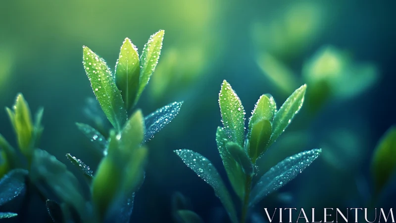 Morning dew crowns tender leaves in a luminous teal hush