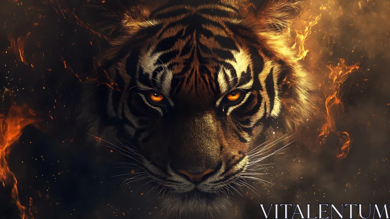 Firelit tiger portrait burns through swirling embers. Period.