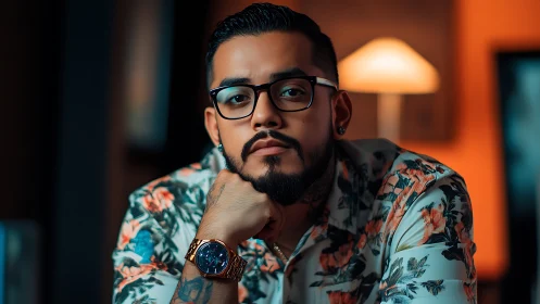 Man in floral shirt posed in warm moody interior light