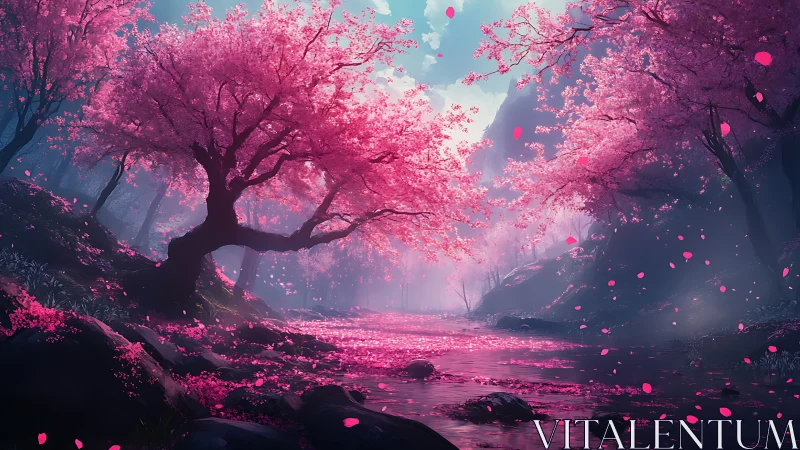 Pink blossom trees line reflective river in stylized valley