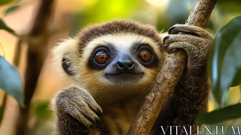 Close-focus portrait of lemur gripping vertical branch securely.