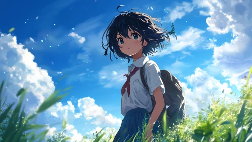 Schoolgirl walks sunlit meadow under deep blue summer sky