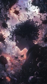 Storm-tossed dreamer drifting through bruised twilight clouds.