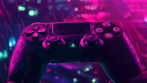 Neon-lit gaming controller in cinematic cyberpunk rain scene.