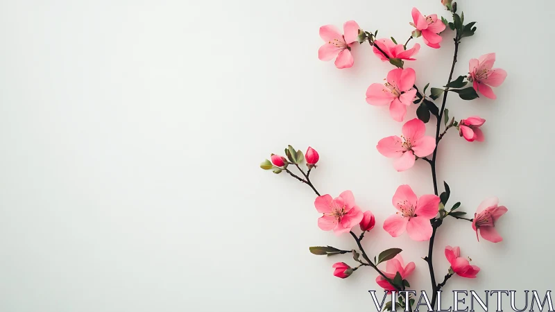 Pink blossoms branch arranged against white minimal background.
