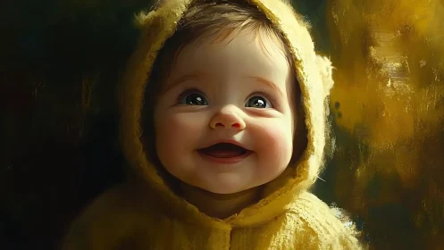Smiling baby in golden hooded suit under warm soft light.
