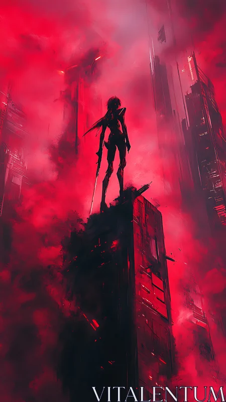 Crimson sentinel rises above neon smog-drowned cityscape.