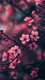 Pink blossoms bloom on dark branches in moody spring atmosphere.